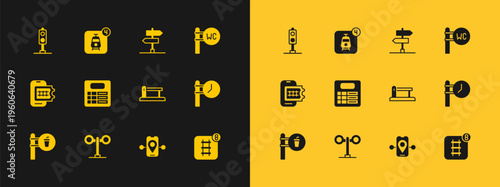 Set Toilet, Train traffic light, Railway barrier, Route location, station board, Road sign, and Online ticket booking icon. Vector