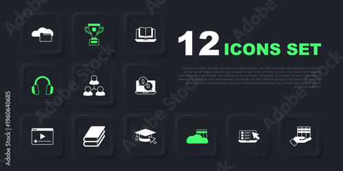 Set Online quiz, test, survey, Book donation, class, Cloud or online library, Headphones, Award cup and Graduation cap with cursor icon. Vector
