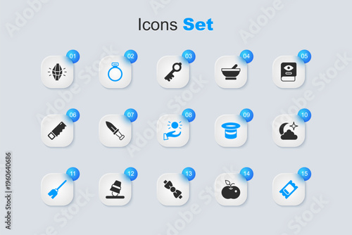 Set Poison apple, Dagger, Magic stone ring, Witches broom, Circus ticket, Moon and stars, and Ball levitating above hand icon. Vector