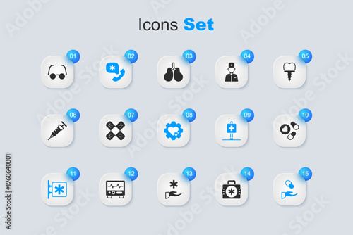 Set First aid kit, Crossed bandage plaster, Emergency call 911, - Star of Life, Medical prescription, Medicine pill or tablet, Glasses and Heart with cross icon. Vector