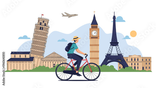 Traveler riding a bicycle past famous European landmarks including the Eiffel Tower and the Leaning Tower of Pisa.