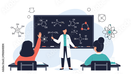 Science teacher explaining complex chemical formulas on a blackboard to attentive students in a modern classroom setting.