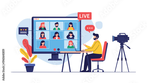 Professional man communicates with colleagues via video conference on a large monitor using a high definition camera setup.