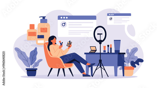 Content creator records a makeup tutorial while using professional ring light and beauty products at her home studio.