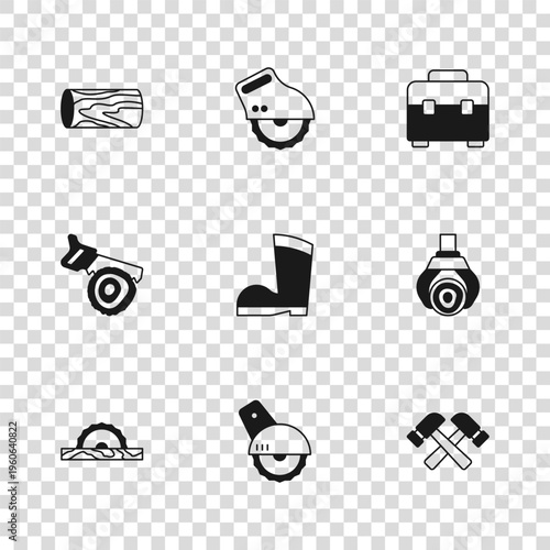 Set Electric circular saw, Grapple crane grabbed log, Crossed hammer, Waterproof rubber boot, Toolbox, Wooden, and Hand and icon. Vector