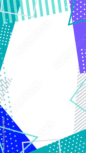幾何学模様のモダンなフレーム。ブルーとグリーンのストライプ・ドット柄。スマホ全画面用背景