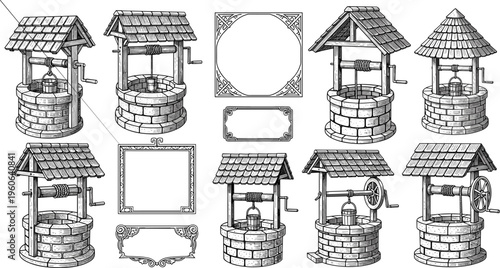 Vintage water well collection with decorative frames vector illustration featuring hand drawn engraving style rustic wells and ornamental borders isolated on white background