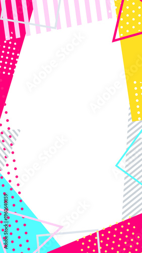 ビビッドピンクの幾何学模様フレーム。ストライプとドット、多角形の明るい背景。スマホ全画面用。