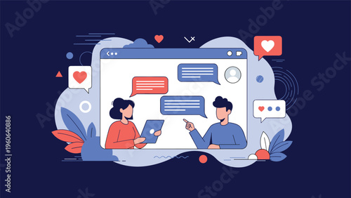 People interact through social media platforms using mobile devices with speech bubbles and likes appearing in a digital space.