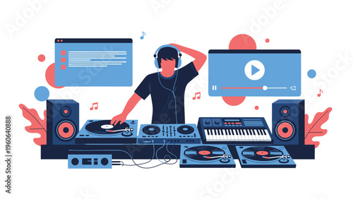 Enthusiastic DJ performs at a music station using turntables and a keyboard while surrounded by audio equipment and digital icons.