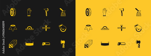 Set Wooden axe in stump, Two-handed saw, Metallic nail, Hacksaw, Electric circular, Tree rings and Protective gloves icon. Vector