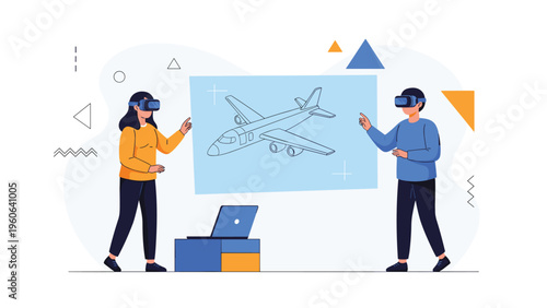 Professional team uses virtual reality headsets to interact with a digital aircraft design blueprint in a high tech workspace.
