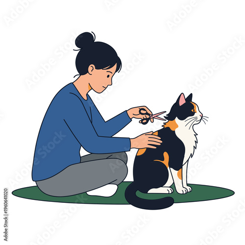 A woman gently trims a calico cat's nails on a green mat indoors.