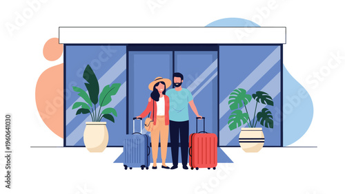 Happy couple stands with their luggage and suitcases in front of a modern glass entrance of a hotel or airport terminal.