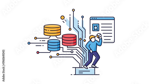 Network administrator manages complex server clusters and data flows represented by colorful towers and circuit lines.