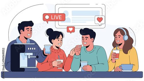 Friends enjoy coffee and conversation at a cafe while broadcasting their social interaction through a live stream platform.