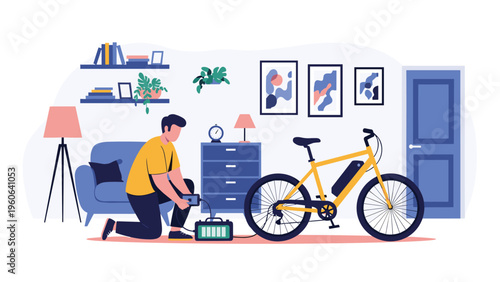 Environmentally conscious man charges his electric bicycle in a well decorated living room using a portable battery station.