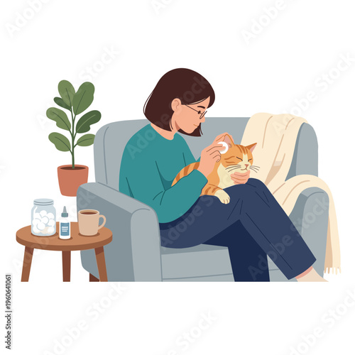 Woman sitting on couch tenderly holding and examining cat with medical supplies nearby