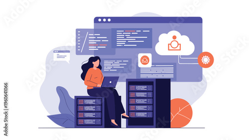 IT professional woman works on a laptop while managing cloud storage systems and network servers in a data center environment.