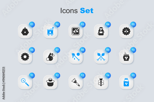 Set Queen bee, Bee and honeycomb, Honey extractor, Cutter roll for, Jar of, dipper stick, Hive bees and icon. Vector
