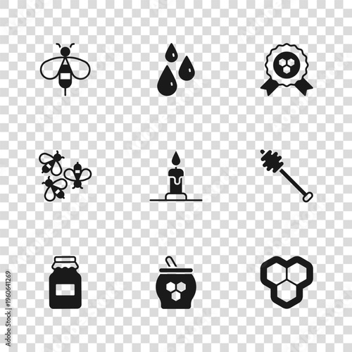 Set Jar of honey and dipper stick, Honey, Honeycomb, Burning candle, award, Bee, Drops and Bees icon. Vector