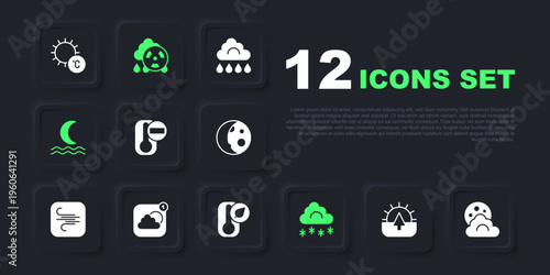 Set Sunrise, Cloud with moon, Thermometer, snow, Night fog or smoke, Weather forecast app, Acid rain radioactive cloud and icon. Vector