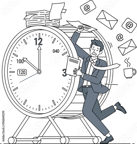 Businessman pushing large clock with documents, emails and coffee, deadline pressure concept, time management cartoon vector illustration