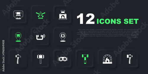 Set Blacksmith oven, Hammer, Clamp and screw tool, anvil, Sledgehammer, Anvil and Welding glasses icon. Vector