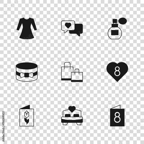Set Bedroom, Heart with 8 March, Greeting card, Paper shopping bag, Perfume, Woman dress, speech bubble and Gift box and heart icon. Vector