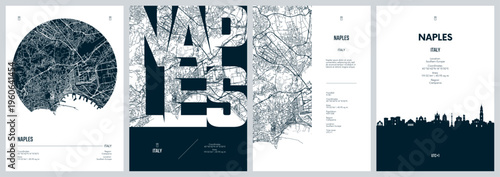 Set of travel posters with Naples the regional capital of Campania, Italy, Silhouette city skyline, vector artwork, detailed urban street plan city map