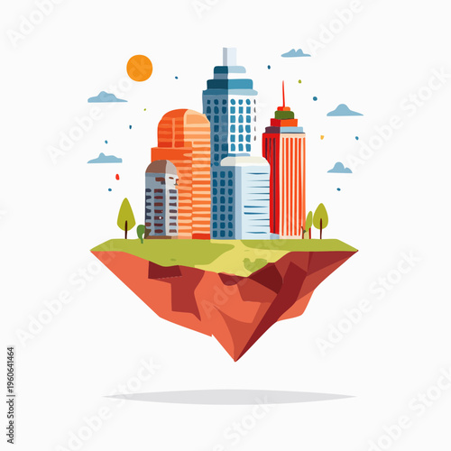 Vibrant abstract city illustration on a whimsical floating island, depicting urban development integrated with nature in a modern, creative flat design style