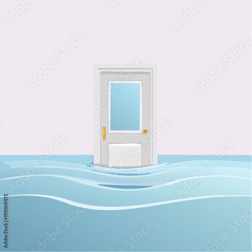 A white door stands slightly ajar, submerged in rising blue floodwaters, symbolizing impending danger or a difficult situation