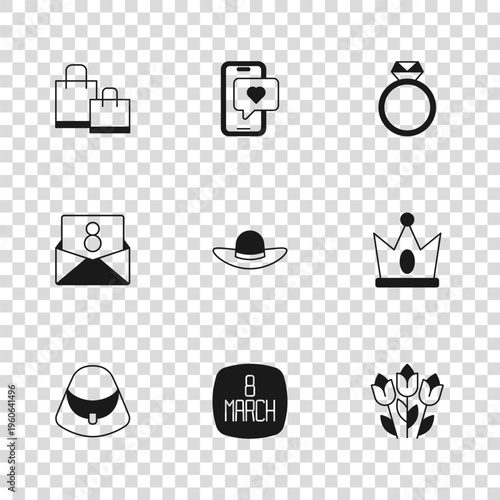 Set 8 March, King crown, Flower tulip, Elegant women hat, Diamond engagement ring, Paper shopping bag, Mobile with heart and Envelope icon. Vector