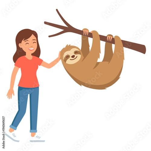 A woman interacts gently with a sloth hanging upside down from a tree branch.