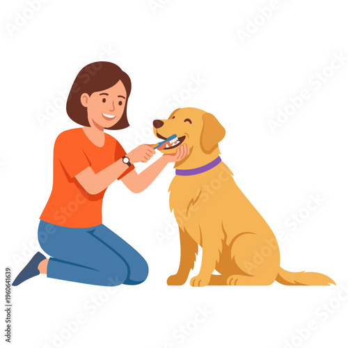 Woman kneeling outdoors brushing golden retriever's teeth with toothbrush.
