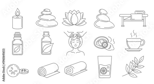 Spa and wellness icons line art.
