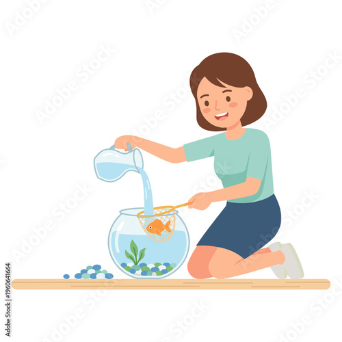 Woman pouring water into a fishbowl with a goldfish and plant inside.