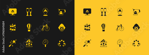 Set Cannon, Attraction carousel, Vintage bicycle, Cotton candy, Hot air balloon, Circus tent, and Bowling pin icon. Vector