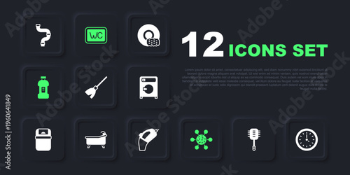 Set Toilet brush, Clock, Handle broom, Bacteria, Bottle for detergent, Bathtub, and Portable vacuum cleaner icon. Vector