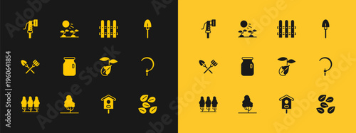 Set Shovel, Fruit tree, Sprout, Bird house, Glass jar with screw-cap, Garden fence wooden, hose and Plant sprouts grow in the sun icon. Vector