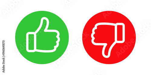 Like and Dislike Icon in Green and Red Circle Set. Thumbs Up and Thumbs Down Symbols. Vector Like and Unlike Icons.