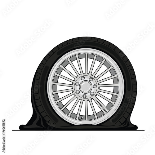 A flat tire is depicted on a white background, symbolizing a problem or breakdown.