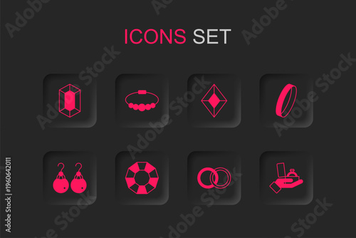 Set Diamond, Bracelet jewelry, Gem stone, Wedding rings, engagement box, and Earrings icon. Vector