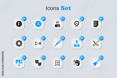 Set Paint brush with palette, Molecule, Exam sheet A plus grade, Online class, Ringing bell, Scissors, paper incorrect answers and Pencil eraser icon. Vector