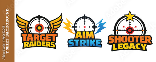 Target raiders aim strike and shooter legacy gaming logo badges vector sticker templates.