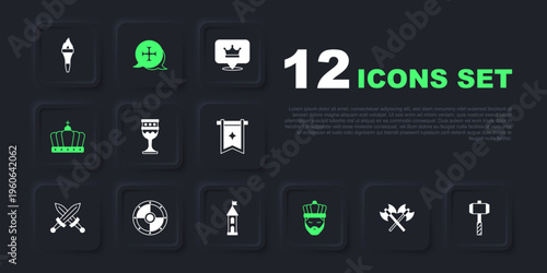 Set Crossed medieval axes, Battle hammer, Medieval goblet, King with crown, Round shield, Crusade and Castle tower icon. Vector