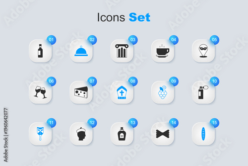 Set Macaroni, Cheese, Covered with tray of food, Carnival mask, French baguette bread, Perfume, Bottle wine and Pope hat icon. Vector