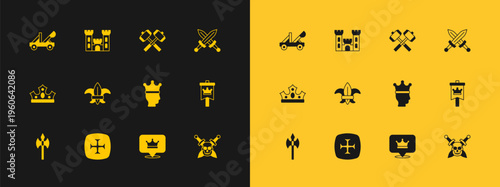 Set Crossed medieval sword, Crusade, King crown, Fleur lys lily flower, battle hammers, Medieval catapult and Castle icon. Vector
