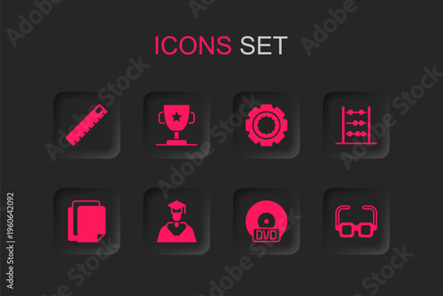 Set Graduate and graduation cap, Award cup, Ruler, CD or DVD disk, Abacus, Glasses, Gear and File document icon. Vector
