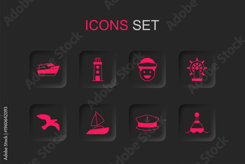 Set Yacht sailboat, Lighthouse, Speedboat, Captain hat, Ship steering wheel, Floating buoy, Sailor and Bird seagull icon. Vector